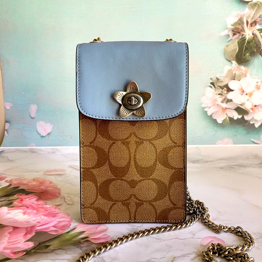 Coach Signature Phone Crossbody With Flower  Turn Lock F72996, Phone Bag